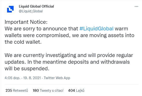 Liquid na Twitteru oznamuje o hackerském útoku.