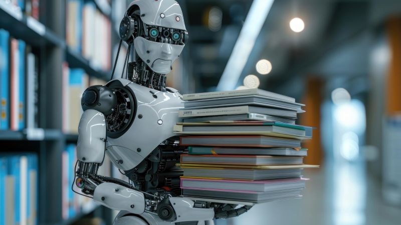 Robot v knihovně se spoustou dokumentů