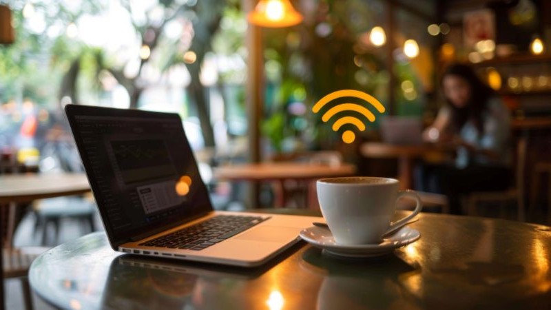 kafe s notebookem v kavárně na nezabezpečené wifi