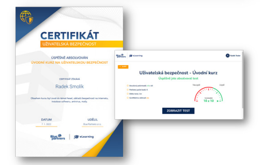 Certifikát po splnění testu v našem kurzu bezpečnosti